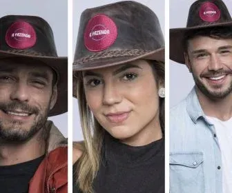 Finalistas do reality A Fazenda 11: Diego Grossi, Hariany Almeida e Lucas Viana