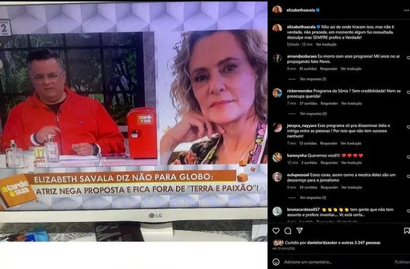 Elizabeth Savalla e Walcyr Carrasco desmentem informação do programa "A Tarde é Sua"