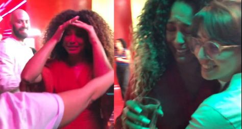 Sheron Menezzes chora após gravação de uma cena de "Vai na Fé"