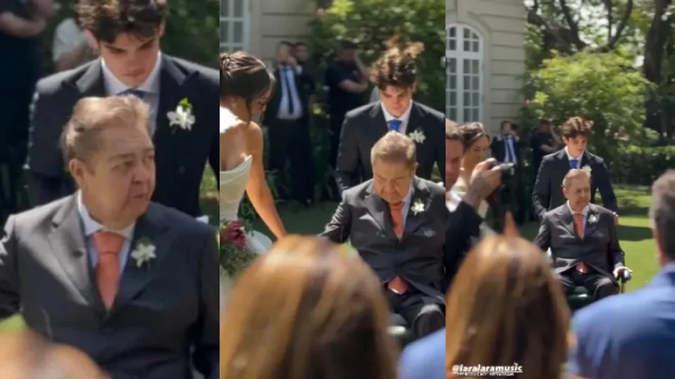 Faustão surge em cadeira de rodas no casamento da filha