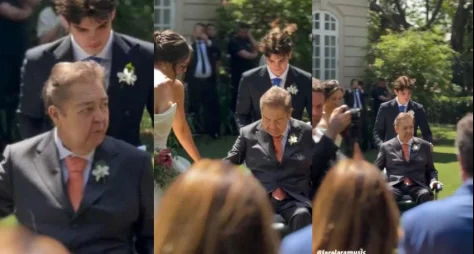 Faustão surge em cadeira de rodas no casamento da filha